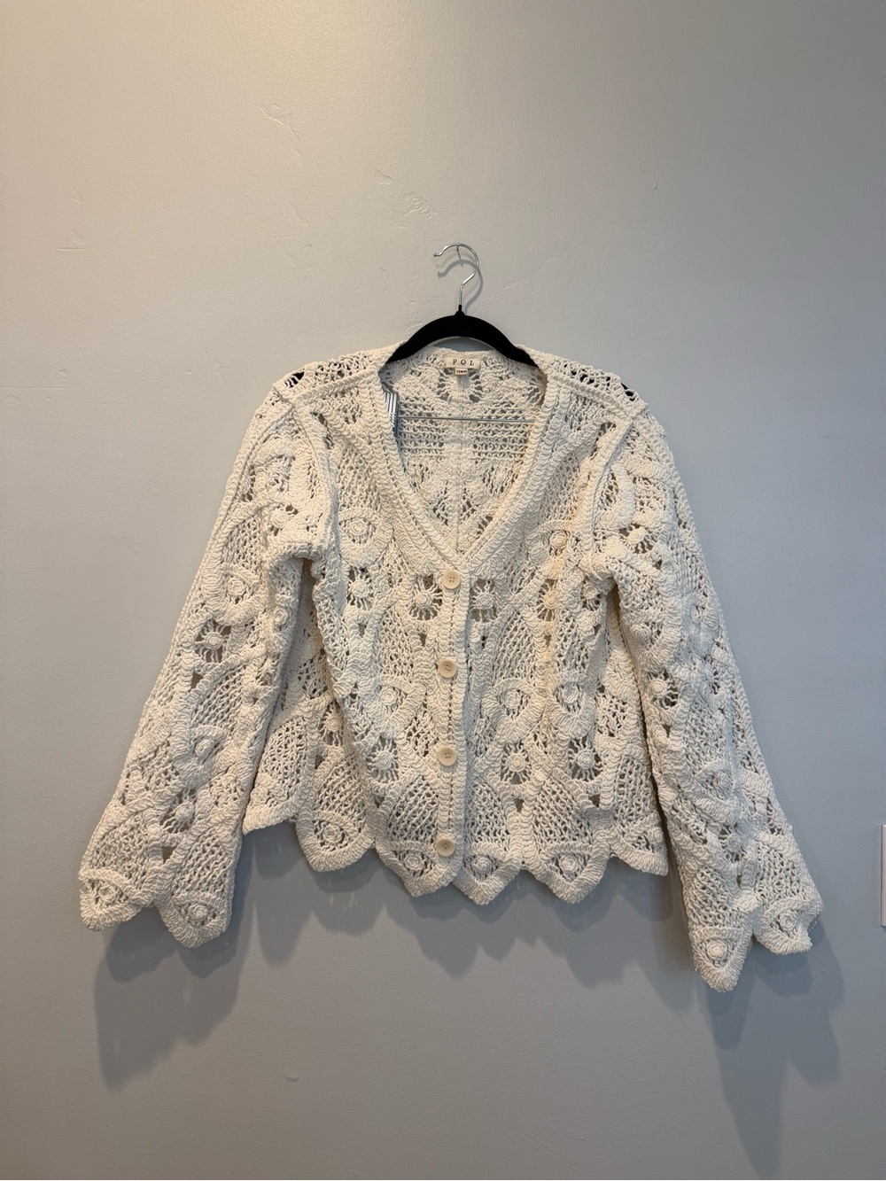 POL Cream Crochet Button-Front Cardigan